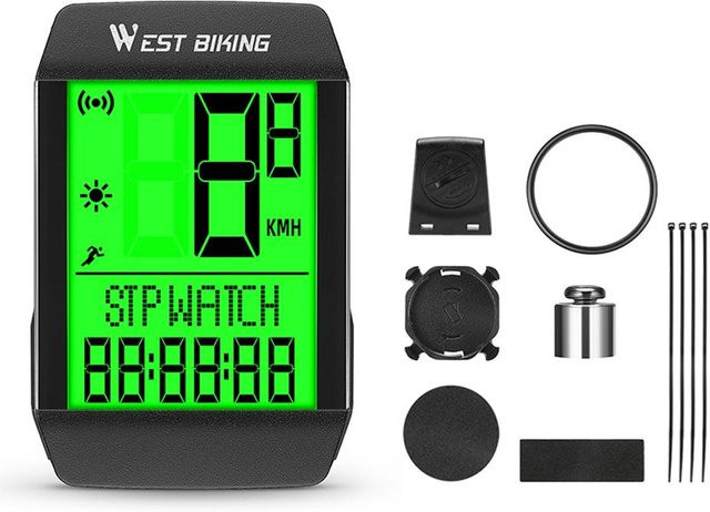 West Biking Multifunktionaler Fahrrad-Geschwindigkeitsmesser in Grün, 5-sprachiger wasserdichter Fahrrad-Kilometerzähler und Wireless-Tachometer - Bild 1
