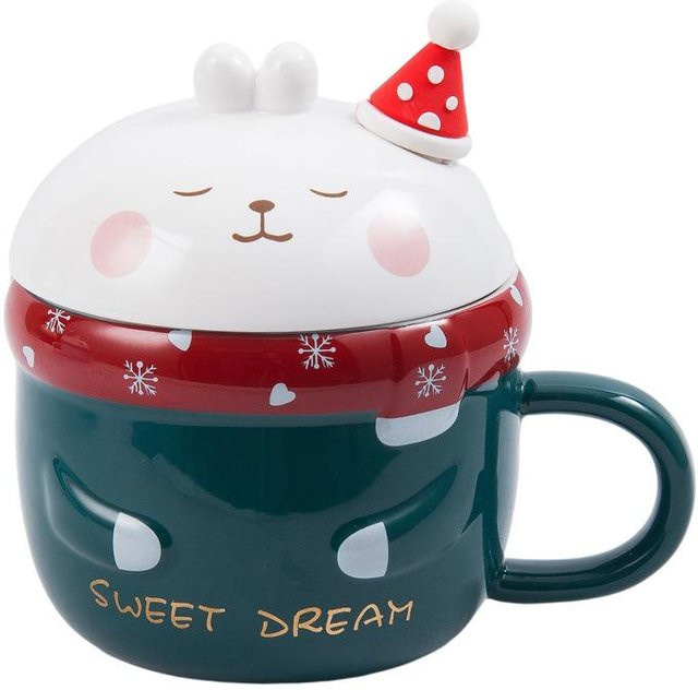 Yiran Furniture Weihnachtstasse mit Kaninchen-Motiv aus Keramik, braun, inklusive Deckel und Löffel, 400 ml - Bild 1