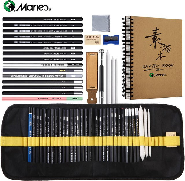 Marie's 25-teiliges Zeichenset und Skizzenkit in Multicolour mit Zeichentasche, Skizzenbuch, Kohlestiften, Zeichenstiften, Kohlestäbchen und Anspitzer - Bild 1