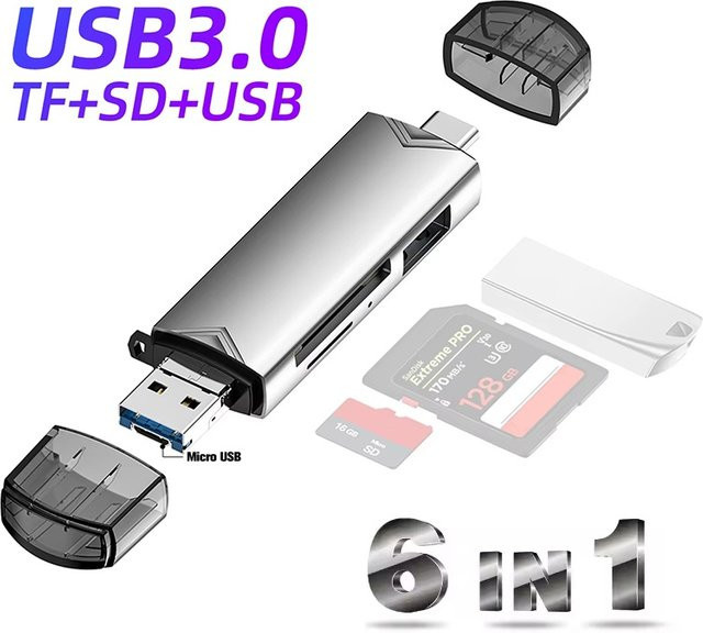 QUERPXAF 6-in-1 USB-C Multifunktions-Kartenleser mit USB 3.0, Micro-TF und SD-Adapter in Grau - Bild 1