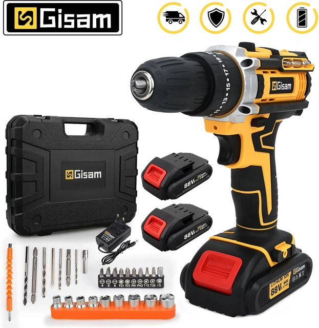 Gisam Akku-Schlagschrauber und Bohrschrauber in Gelb mit 2 Batterien und 2 Geschwindigkeitsstufen - Bild 1