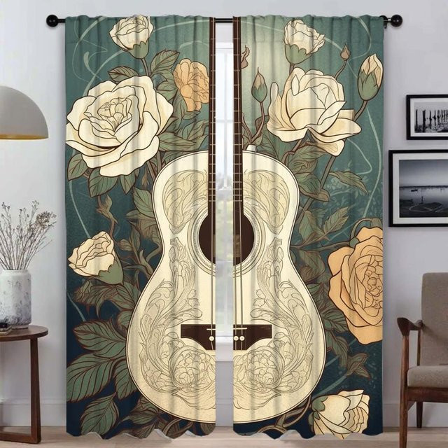 Elegante E-Gitarren Vorhänge mit Grafik-Illustration für Wohnzimmer und Schlafzimmer, Set aus 2 Stück, Mehrfarbig, Breite: 50 cm, Höhe: 70 cm - Bild 1