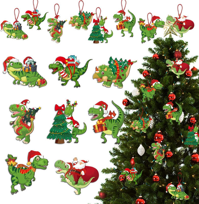 16 Stück Weihnachts-Dinosaurier-Hängeornamente aus Kunststoff in Grün für deinen Weihnachtsbaum - Bild 1