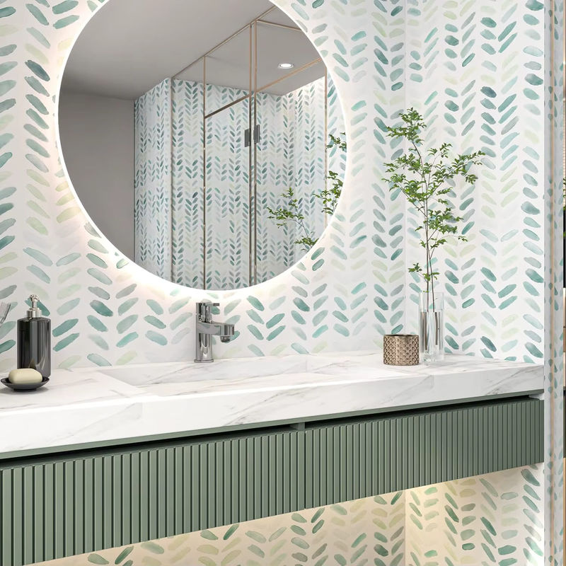 Selbstklebende Boho Tapete von KALYNN in Grün und Weiß mit Blatt-Design - Bild 3