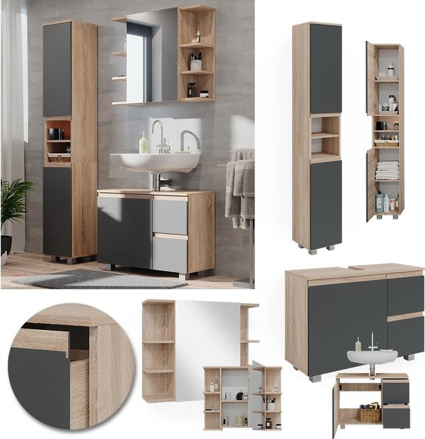Vicco Badmöbelset J-Shape in Sonoma und Anthrazit, modernes 3-teiliges Badezimmer-Set mit Hochschrank, Waschtischunterschrank und Spiegelschrank - Bild 1