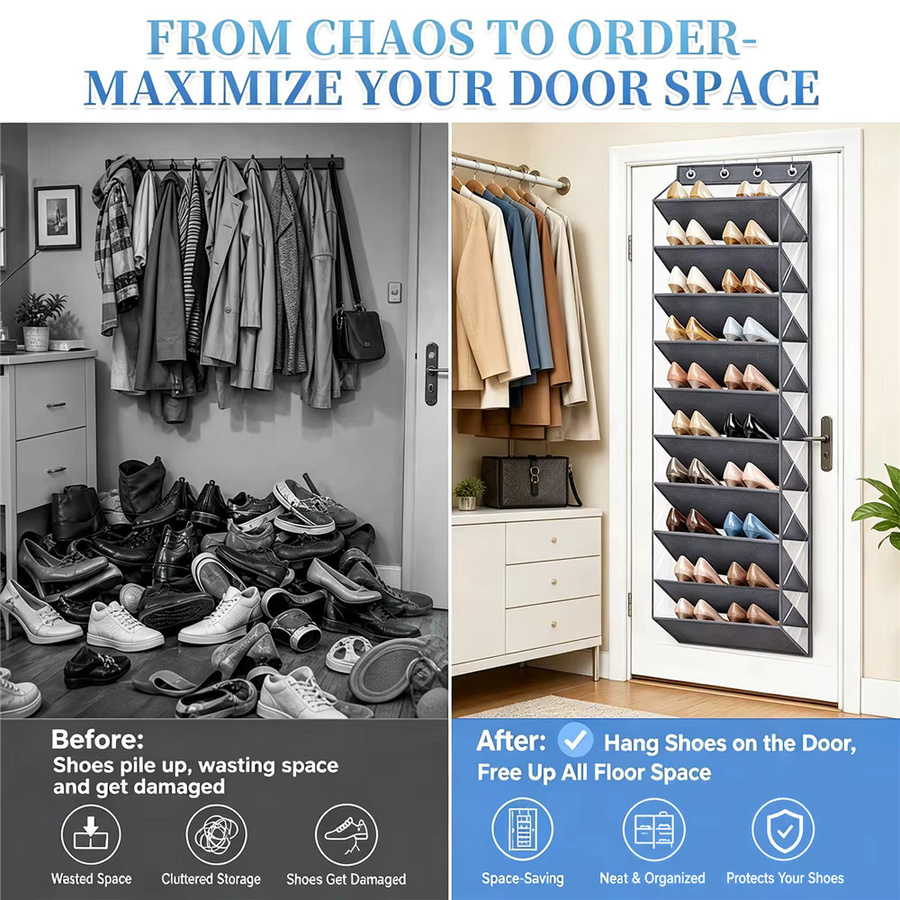 HGTUGO 10-stufiger Schuh-Organizer zum Aufhängen in Grau mit 4 Metallhaken für 20-30 Paar Schuhe, Sneaker oder Stiefel - Bild 6