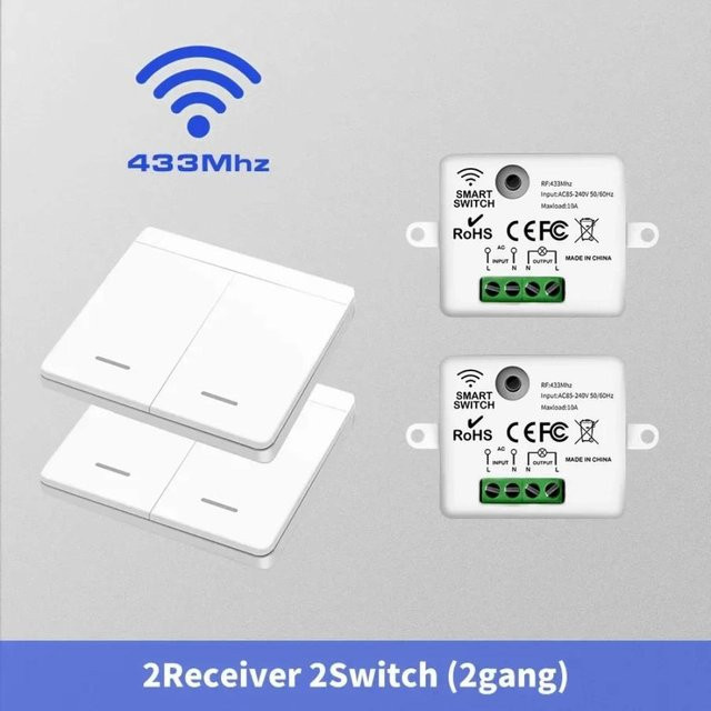 YJMP Smart Home Drahtloser Lichtschalter mit 433MHz Fernbedienung, 1/2/3fach Wandschalter Set mit 2 Receivern und 2 Schaltern für LED Lampen, 10A, 220V - Bild 1
