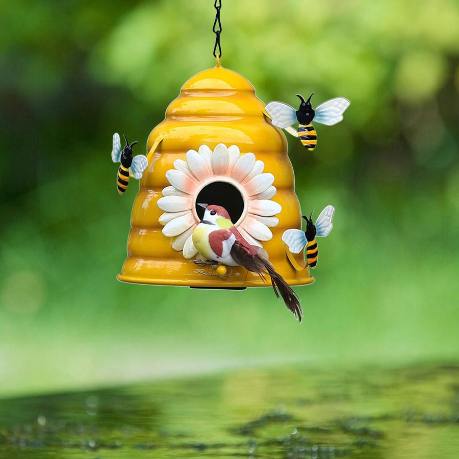 CosyHome Bienenkorb Vogelhaus aus Metall in Gelb für den Garten zum Aufhängen - Bild 4