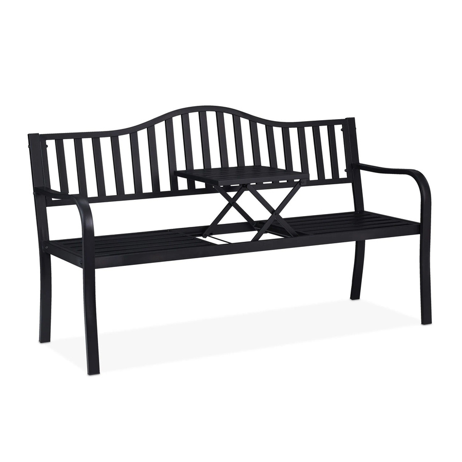 Relaxdays Gartenbank aus Stahl mit Klapptisch in Schwarz, B/T/H: 150 x 58,5 x 89 cm - Bild 2