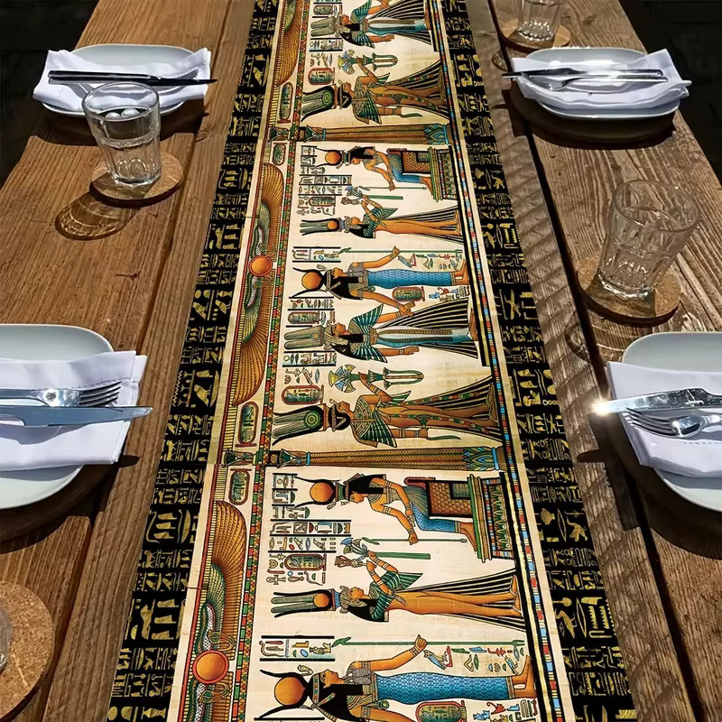 VIKAMA Leinen-Tischläufer mit altägyptischem Retro-Druck in Multicolour, Länge: 150 cm - Bild 2