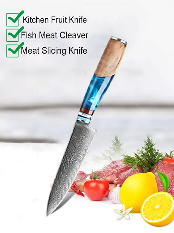 WXCOO Damaszener Stahl Kochmesser-Set mit blauem Harzgriff, professionelles japanisches Küchenmesser-Set für den Allzweckgebrauch inklusive Obst- und Schälmesser - Bild 7
