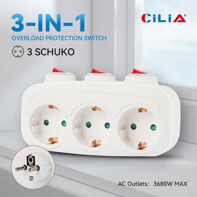 CILIA 3-in-1 Wandsteckdose mit 3 Schaltern und 3 AC-Steckdosen, Mehrfachstecker in Weiß - Bild 1