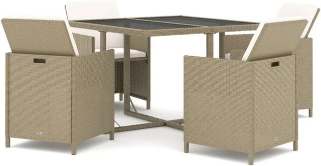 vidaXL 5-tlg. Garten-Essgruppe aus Polyrattan mit Kissen in Beige und Tisch mit Hartglasplatte - Bild 1