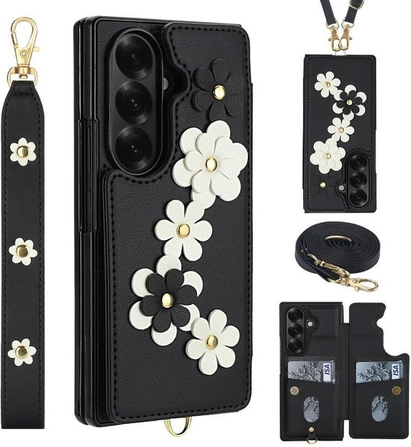 Leder Lanyard Handyhülle mit Geldbörse und Kartenfach für Samsung Galaxy Z Fold 7 6 5 4 in Schwarz, Pink, Lila oder Weiß - Bild 1
