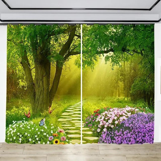 2 Stück dekorative halbtransparente Vorhänge von A Family Of Home Textiles mit Waldblumen-Muster aus Baumwolle in Schwarz und Multicolour mit Rod Pocket - Bild 1