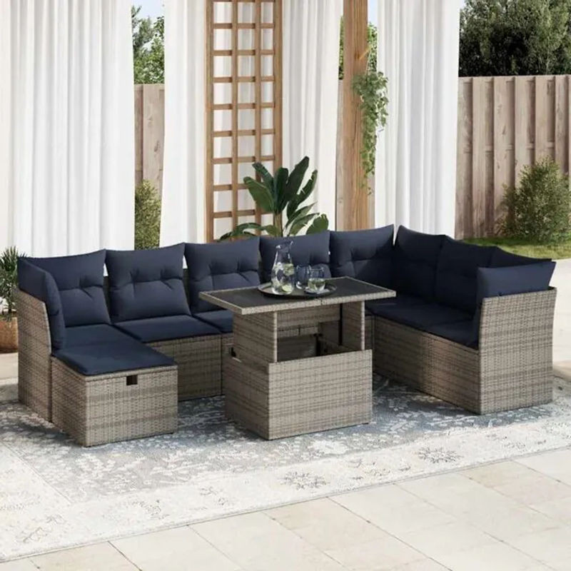 9-teilige Garten-Sofagarnitur mit Kissen aus Polyrattan und Akazie in Grau von vidaxl - Bild 1