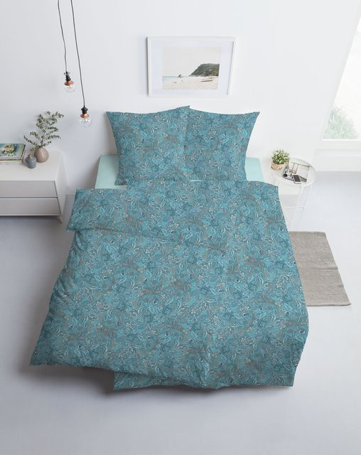 Estella Bettwäsche ATELIER Jersey mit floralem Oriental-Design in Blau und Türkis, bestehend aus Bettbezug und Kissenbezug, B/T/H: 135 x 200 cm und 80 x 80 cm - Bild 1