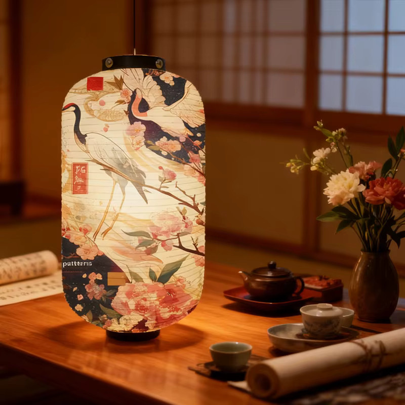 Japanische Hängelaterne im orientalischen Stil mit Sakura-Kranich-Print, mehrfarbig mit schwarzem Akzent, aus Papier für Garten und Restaurant-Dekoration - Bild 3