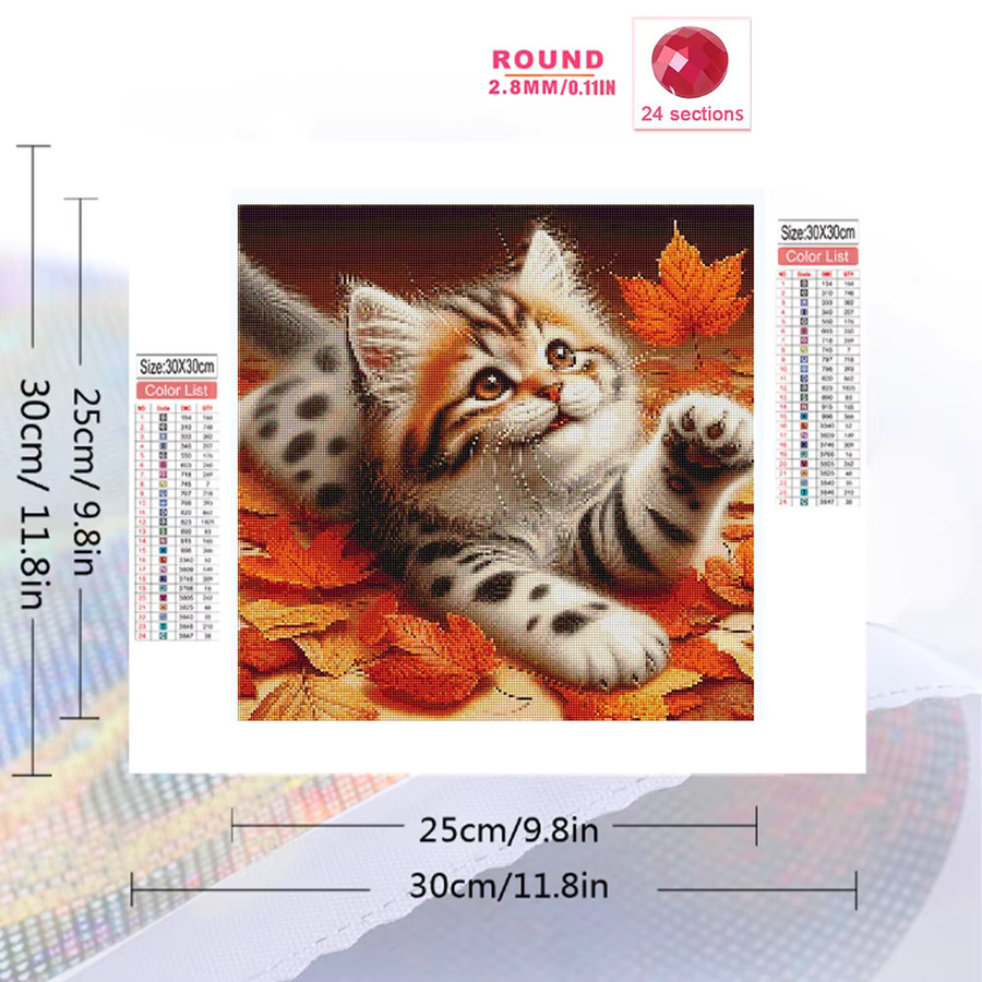 Momoart Tier-Diamantstickerei Katzenbild mit Ahornblatt als Strass-Mosaik Kunsthandwerk in Multicolour, B/T/H: 20 x 20 x 20 cm - Bild 2
