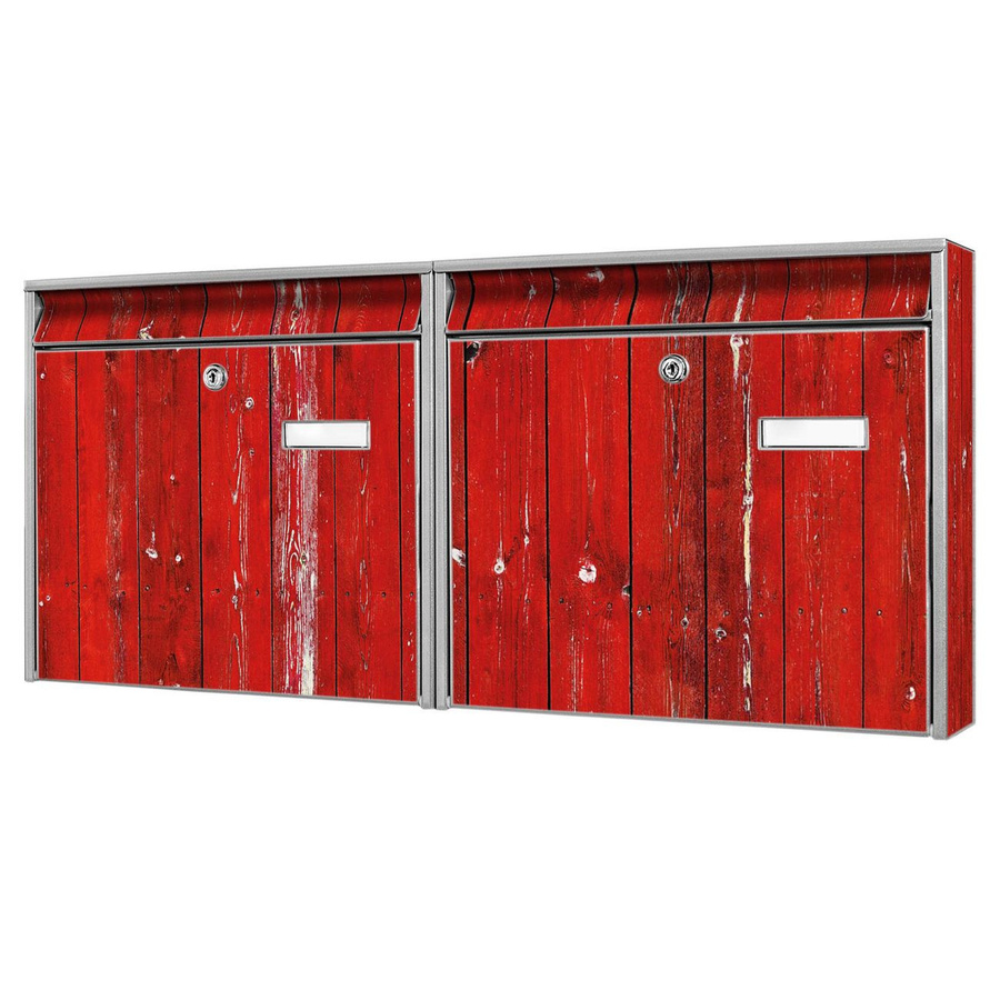 banjado Burg Wächter Doppelbriefkastenanlage in Silber und Rot mit Holzmotiv, Modell A8 - Bild 1