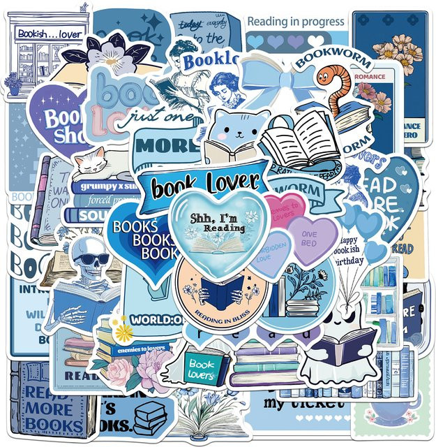 50 Stück PickJoy Bookish Aufkleber in Blau, wasserfeste Sticker für Laptop, Handyhüllen und Wasserbecher - Bild 1