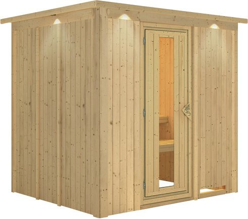 Karibu Sauna Olai für 3 Personen aus Fichtenholz in Beige ohne Ofen B: 202 cm, T: 184 cm, H: 210 cm - Bild 1