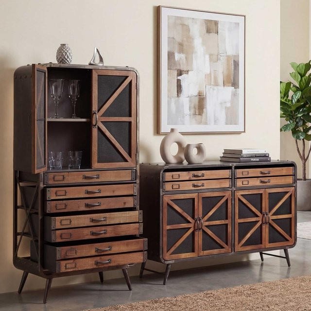 Wohnzimmer-Set MCW-F91 aus Tanne und Metall im Industrial Design, braun-schwarz - Bild 1