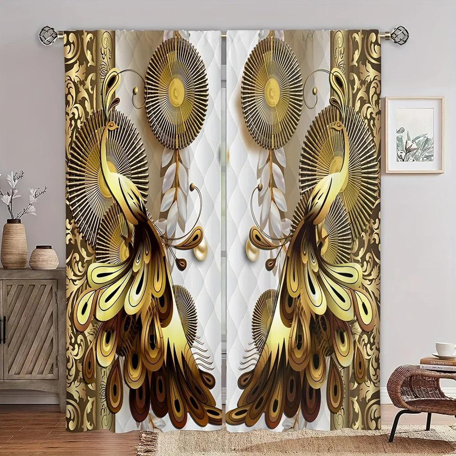 2er-Set Yiran Furniture Vorhänge mit goldenem Blumenmuster, semi-transparent, Polyester, Breite: 50 cm, Höhe: 130 cm - Bild 1