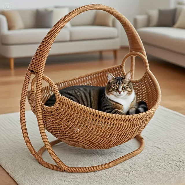 GUANGLIE Handgefertigte Katzenhängematte aus Rattan in Braun im Boho-Stil - Bild 1