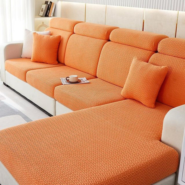 Verdickter Jacquard Sofa-Sitzkissenbezug in Beige als elastischer Stretch-Schonbezug zum Möbelschutz - Bild 1