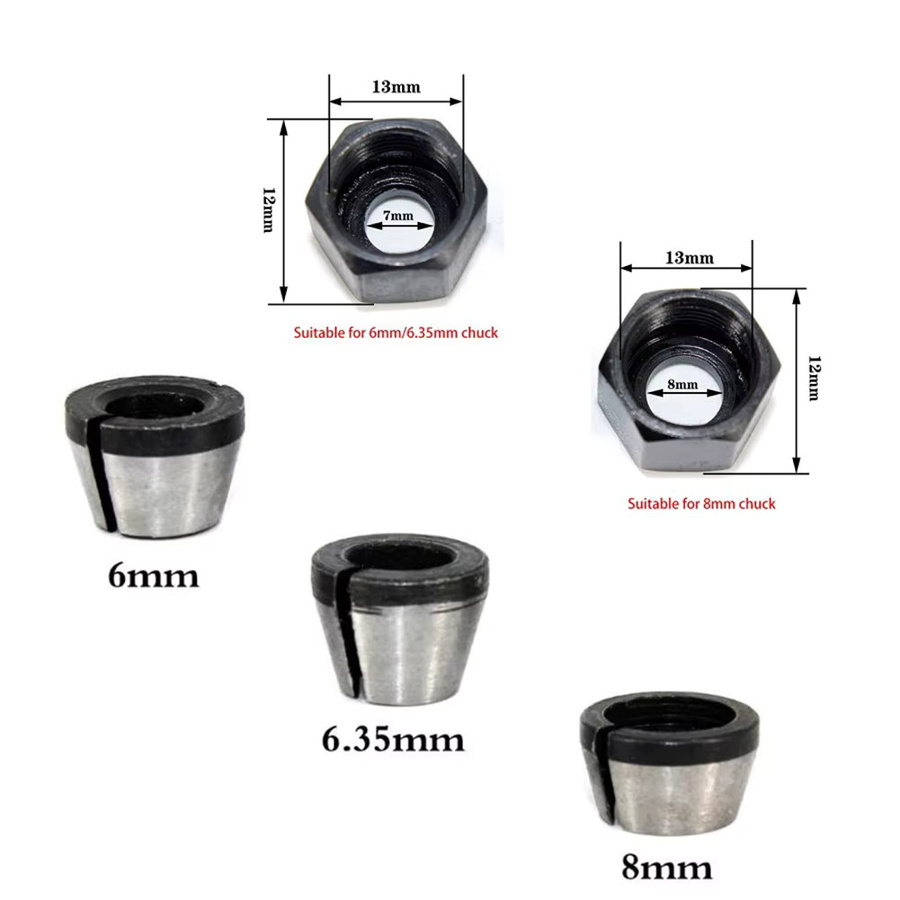 Vibratite Spannzangenadapter Set mit Mutter in Silber für Gravur- und Trimmmaschinen, Durchmesser: 6 mm, 6,35 mm und 8 mm - Bild 2