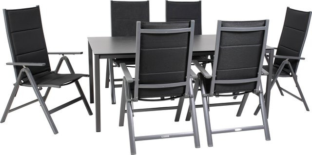 7-teiliges Gartenmöbel-Set greemotion Grenada aus Aluminium und Textilene in Schwarz und Anthrazit mit rechteckigem Tisch und Klappsesseln für Garten und Terrasse - Bild 1