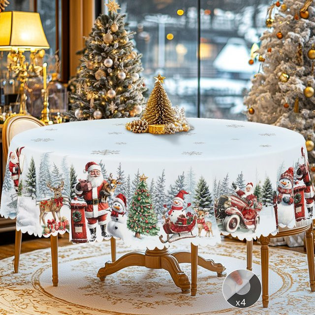 JINGYUE Pet Weihnachts-Tischdecke im Vintage-Bauernhaus-Stil mit Weihnachtsmann, Rentier und Weihnachtsbaum, Grau, Durchmesser: 152 cm - Bild 1