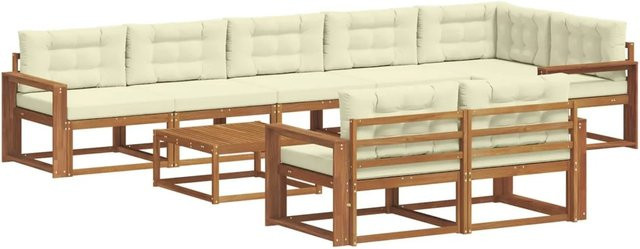 vidaXL Outdoor-Sofagarnitur 9-teilig aus Akazienholz in L-Form mit Kissen, Farbe Natur und Creme - Bild 1