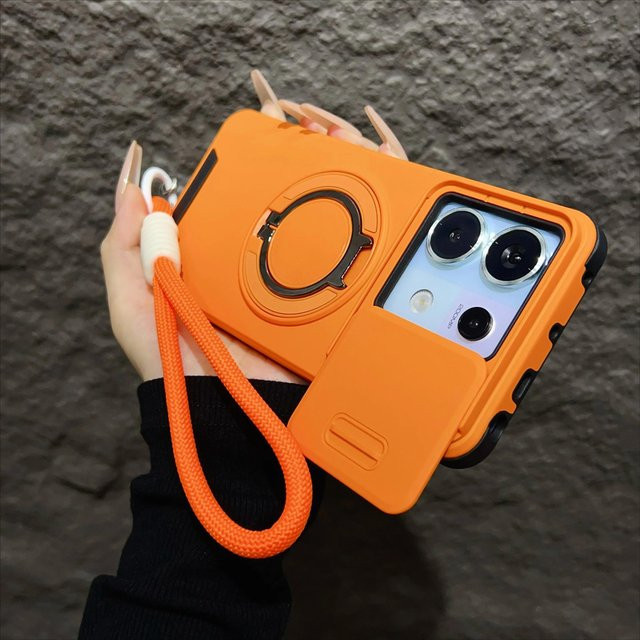 KESUFEIDA Magnetische Schutzhülle für Redmi Note 13 Pro 5G 4G mit Lanyard, Schiebe-Kameraobjektivring und Ständer in Orange - Bild 1