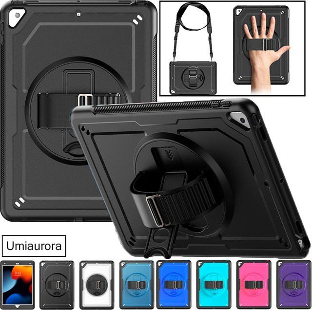 Stoßfeste Apple iPad Schutzhülle mit Handstrap und Standfunktion in Blau und Schwarz - Bild 1