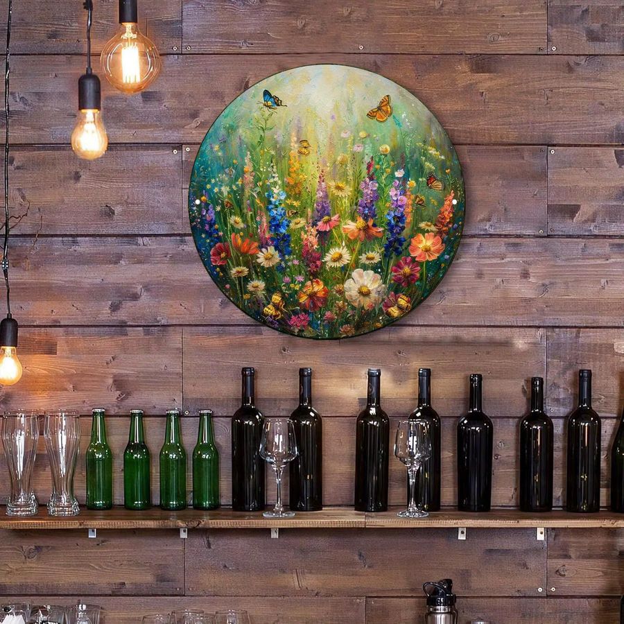 Potdemiel Vintage Rundes Metall-Wandkunstschild Schmetterlingstanz unter Blumen Multicolor Durchmesser: 20 cm - Bild 4