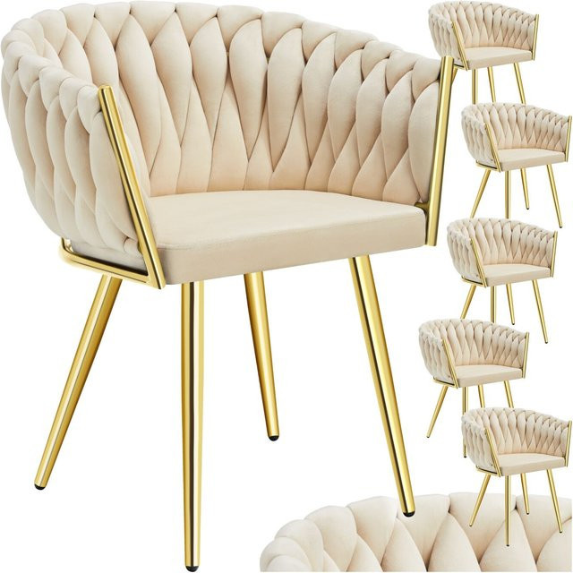 tectake Set Esszimmerstühle Astano 6er Set gepolstert mit Samtbezug und Knotendesign in Sand Beige-Gold mit Stahlbeinen B/T/H: 60,5 x 55 x 75 cm - Bild 1