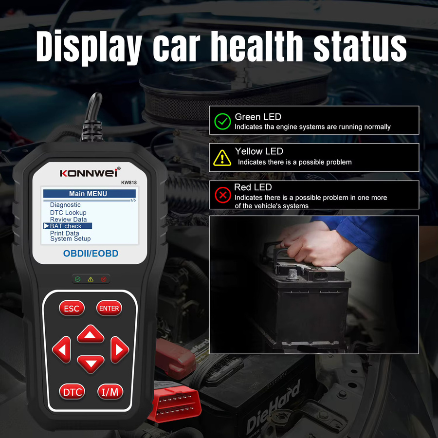 KONNWEI KW 818 OBD2 Auto Scanner mit Batterie Tester und Fehler Code Reader für Motordiagnose in Schwarz - Bild 2