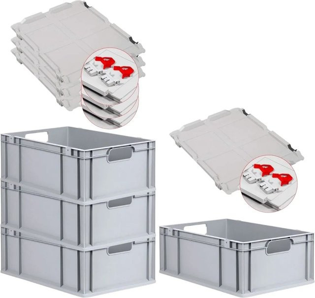 PROREGAL Spar Set 4x Eurobox Nextgen Economy mit Scharnierdeckel und roten Schiebeschnappverschlüssen, Farbe: Rot/Grau, H x B x T: 22 x 40 x 60 cm, 44 Liter - Bild 1