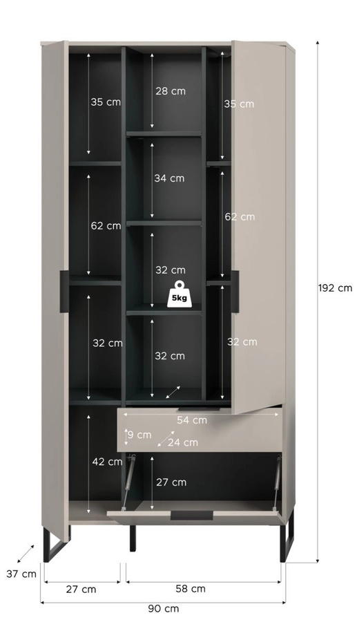Stauraumschrank Morena von Inn.Furn in Kaschmir und Schwarz mit Soft-Close-Türen, Breite: 90 cm, Tiefe: 37 cm, Höhe: 192 cm - Bild 8