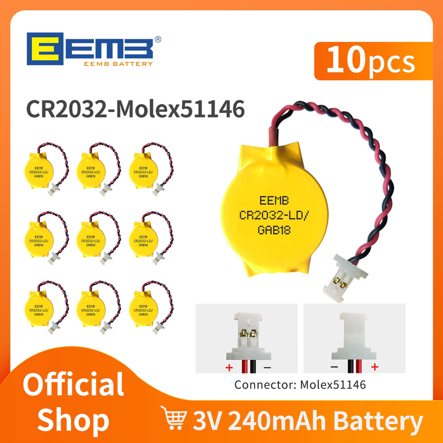 10er-Pack CR2032 Knopfzellen mit Kabel und 2 Pins für Laptop und CMOS Motherboard BIOS PC Computer, Gelb - Bild 1