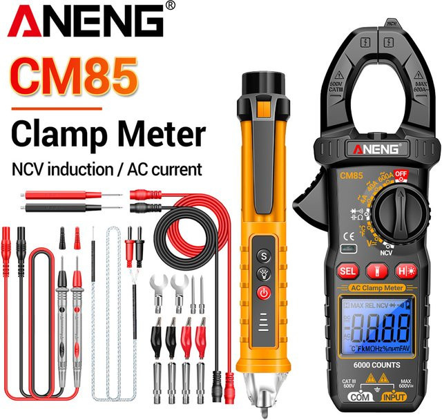 ANEGN 600A AC Stromzangenmessgerät Multimeter Set CM85+VD802 mit Induktionsstift in Schwarz - Bild 1