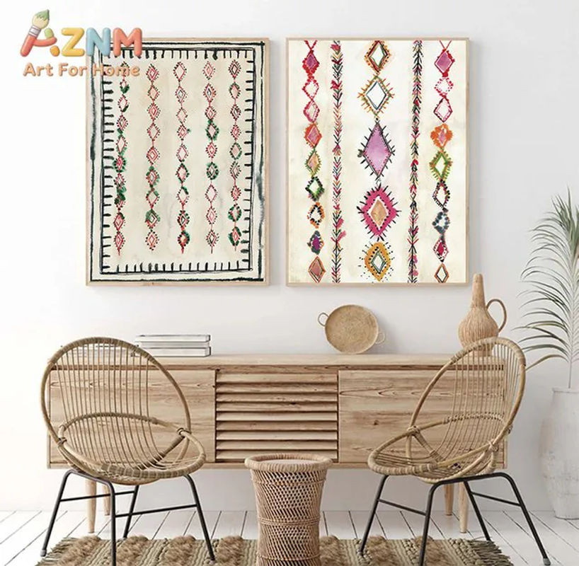 AZNM Boho Aquarell-Wandkunstdruck mit marokkanischem Berber-Teppichmuster, mehrfarbiges geometrisches Leinwandposter im Hochformat, rahmenlos - Bild 1