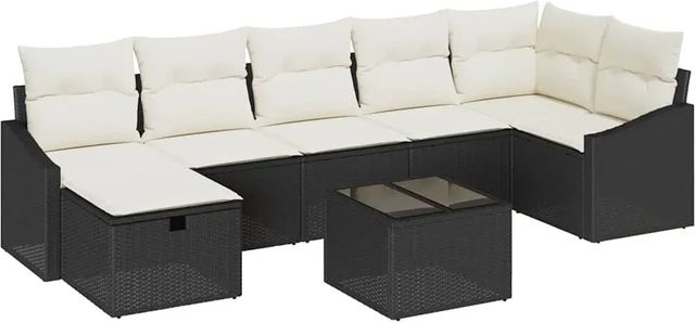 vidaXL Garten-Sofa-Set aus Poly-Rattan in Schwarz und Beige mit 8 Teilen, inklusive Kissen, Ottoman und Couchtisch für Garten, Terrasse oder Balkon - Bild 1