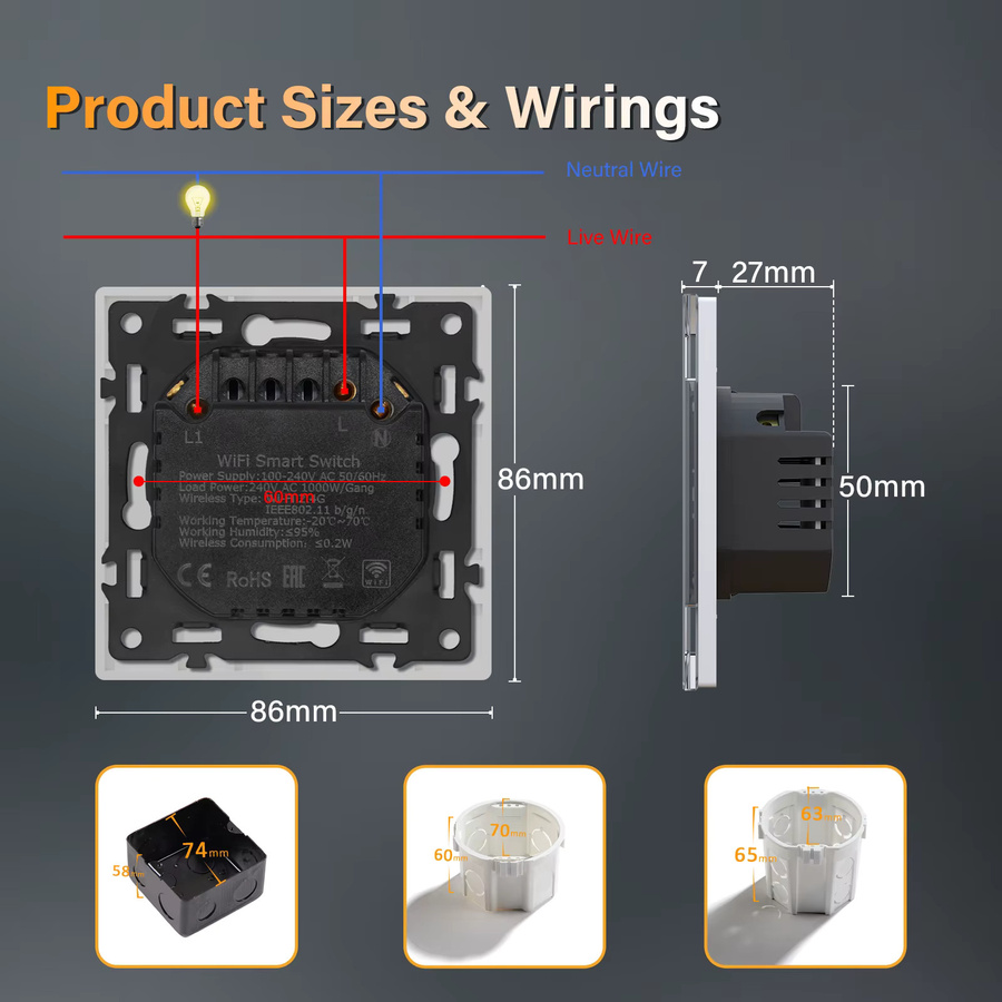 Bseed WLAN Smart Schalter mit Neutralleiter, moderner Lichtschalter mit Glasrahmen, Tuya Smart Life Steuerung, Weiß - Bild 3