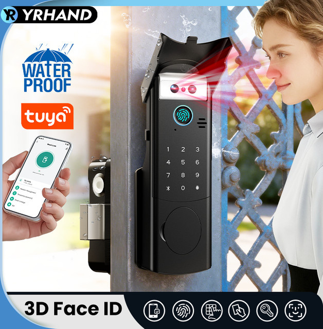 Tuya Smartlock mit 3D-Gesichtserkennung und Fingerabdruck, WiFi APP Steuerung, wasserdichtes digitales RFID Türschloss für Eisen-Tore und Haustüren, Farbe: Schwarz - Bild 1