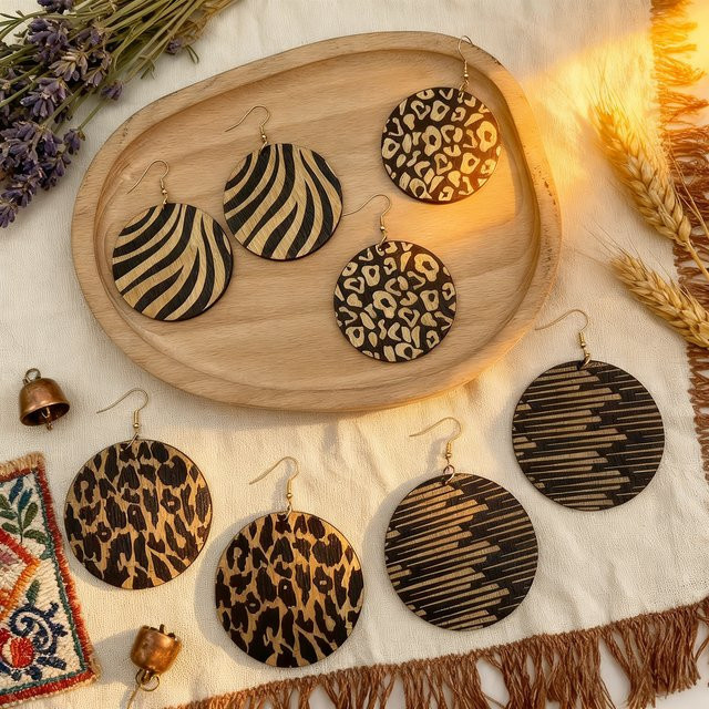 YULUCH Creolen Holz, Leopardenmuster, Damen, 4 Paar Set - Bild 1