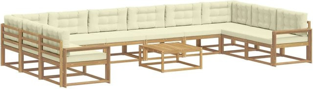 vidaXL Outdoor-Sofagarnitur in L-Form aus massivem Akazienholz mit 11 Kissen, Weiß und Beige - Bild 1