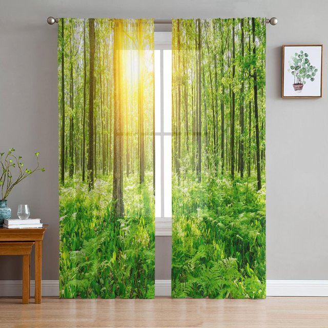 Transparente Tüll-Vorhänge mit Naturmotiv in Grün von Household supplies MH, Breite: 135 cm, Höhe: 137 cm - Bild 1